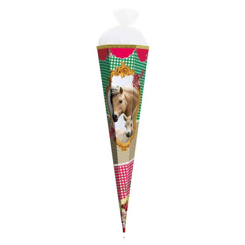 Zuckertüte "Horse" mit Soundeffekt, Goldborte und Rüsche 85cm Zuckertüte "Horse" mit Soundeffekt, Goldborte und Rüsche 85cm