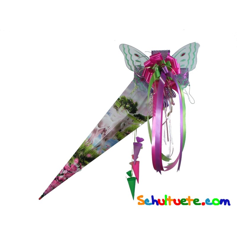 Zuckertüte "Einhorn mit Fohlen" 100cm, mit Zuckertütenschleife Schmetterling Zuckertüte "Einhorn mit Fohlen" 100cm, mit Zuckertütenschleife Schmetterling