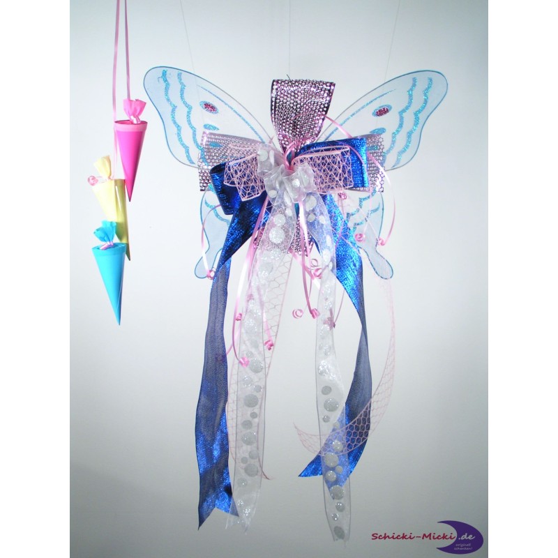 Schleife Textil mit Schmetterling blau